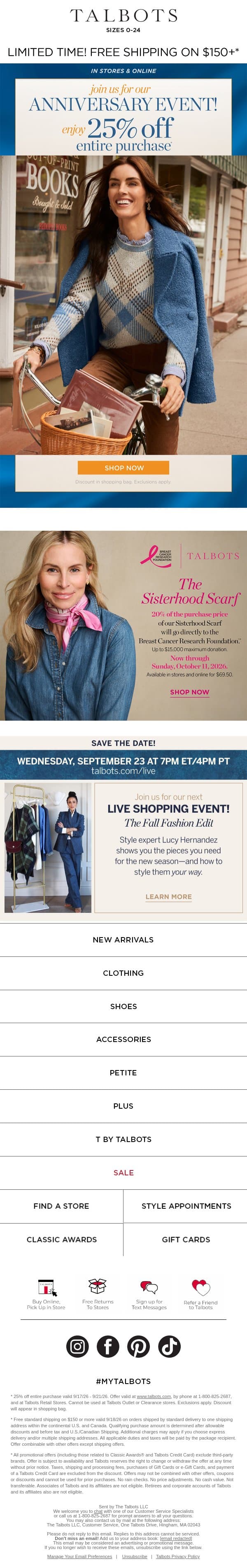 Your favorite styles are 25% off during our Anniversary Event.* email from Talbots screenshot