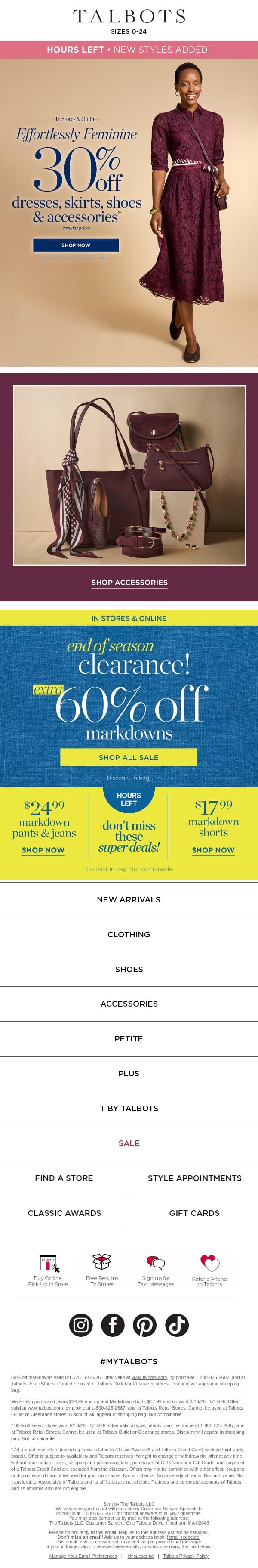 HOURS LEFT! 30% off dresses & skirts email from Talbots screenshot