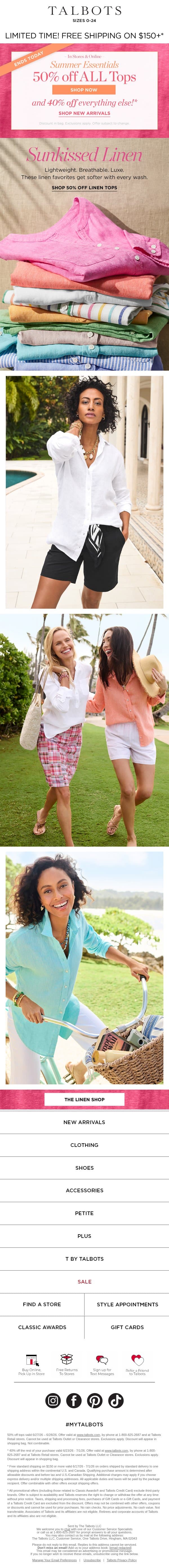 LAST DAY! 50% off TOPS, including LINEN email from Talbots screenshot