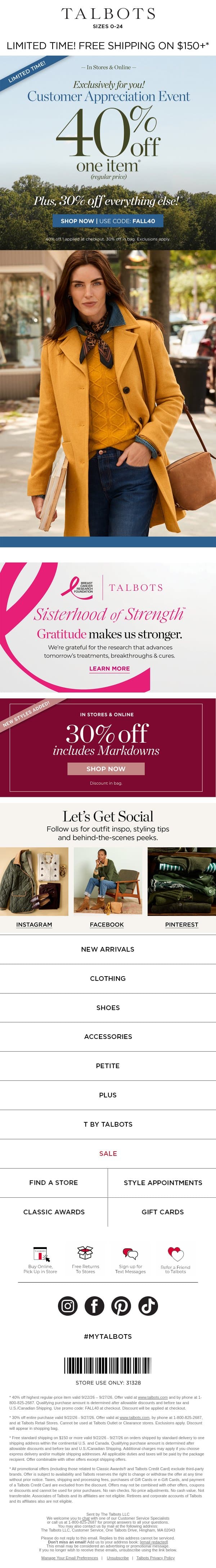STARTS NOW! 40% off 1 + 30% off the rest* email from Talbots screenshot