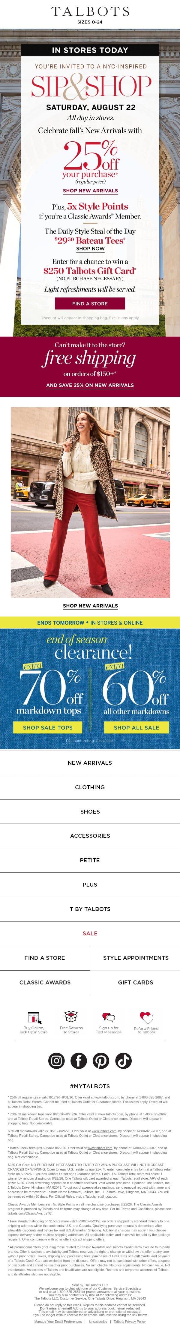 It’s SIP & SHOP day! Special DEALS + 25% off New Arrivals email from Talbots screenshot
