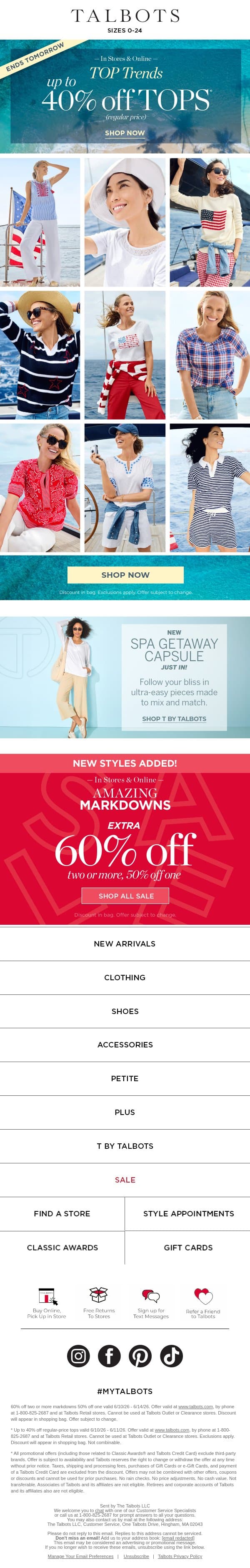 👚 Up to 40% off TOPS starts NOW! email from Talbots screenshot