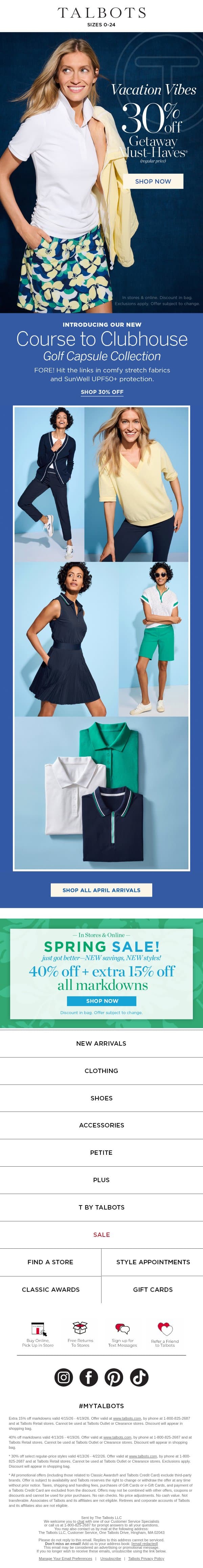 FORE! 30% off our NEW Golf Capsule Collection email from Talbots screenshot