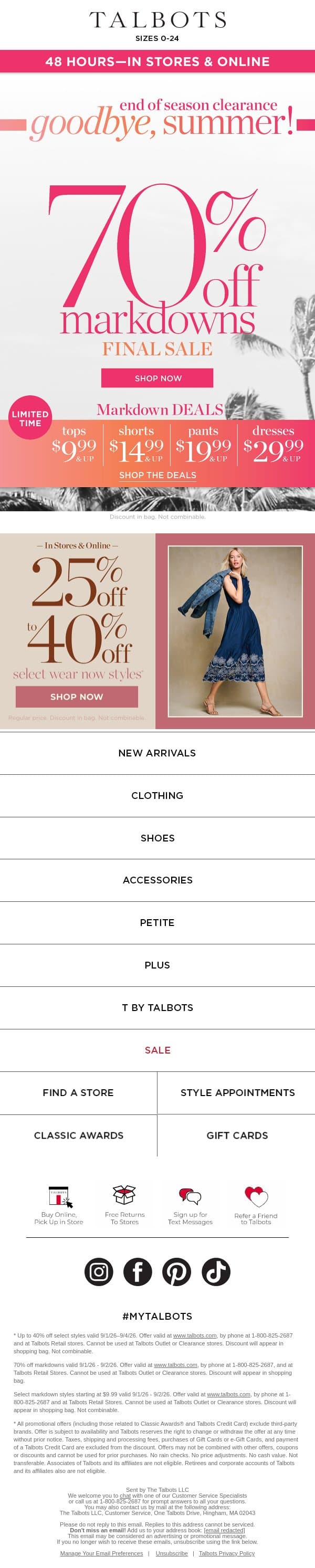 HURRY! 70% off CLEARANCE + $9.99 & up markdown DEALS! email from Talbots screenshot
