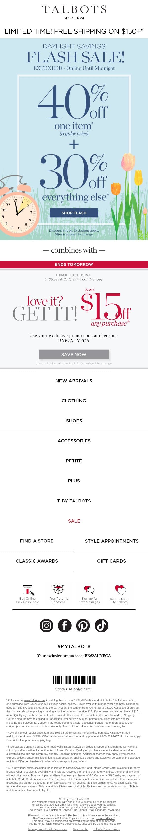 40% off 1 + 30% off the rest EXTENDED! * email from Talbots screenshot