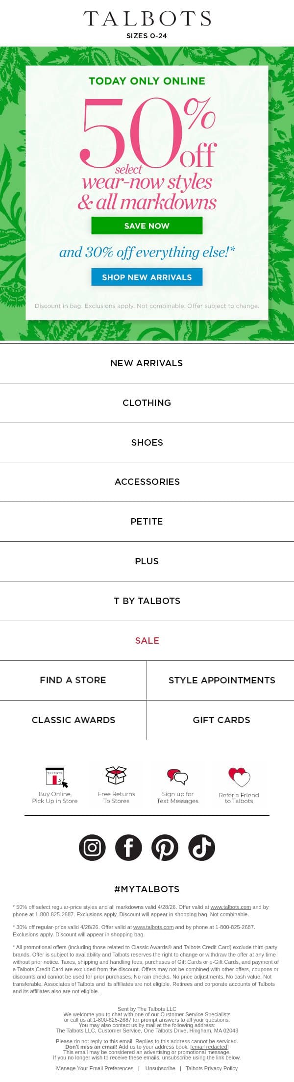 🛍️ 50% off select styles and ALL MARKDOWNS! email from Talbots screenshot