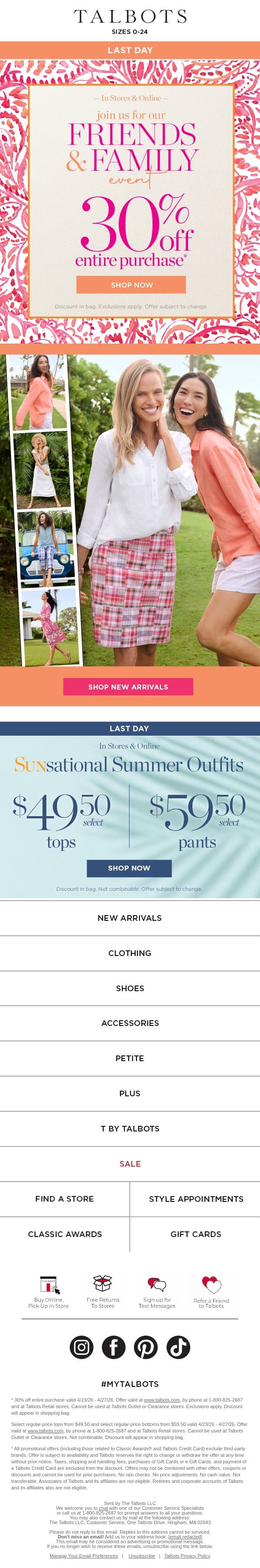 LAST DAY! $49.50 tops + $59.50 pants + 30% off everything else* email from Talbots screenshot