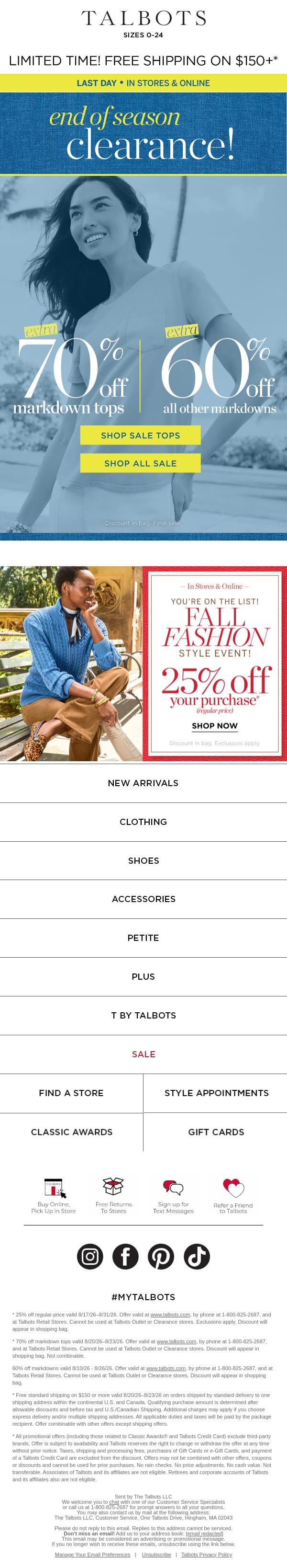 LAST DAY for extra 70% all CLEARANCE TOPS email from Talbots screenshot