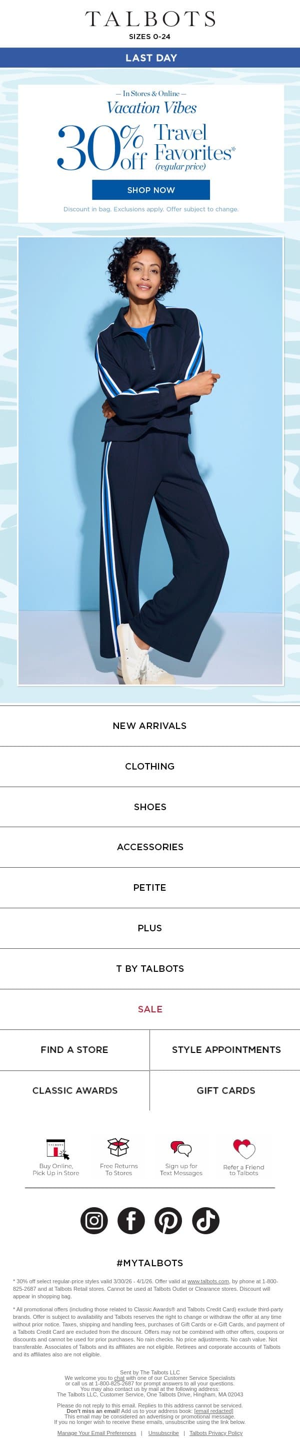 LAST DAY for 30% off Travel Favorites email from Talbots screenshot