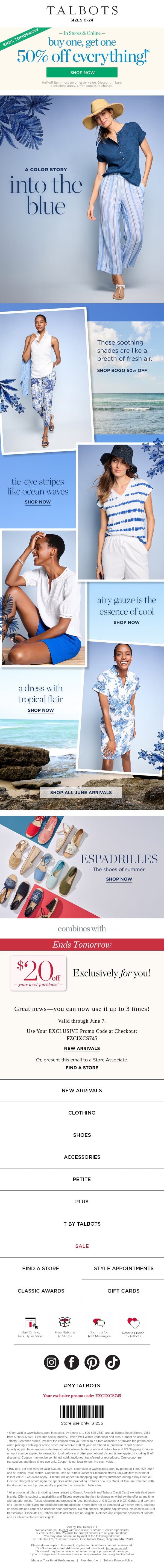 BOGO 50% off + Summertime BLUES email from Talbots screenshot