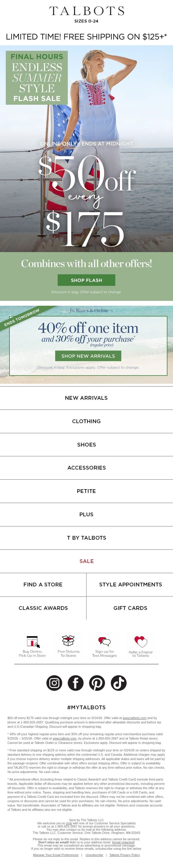 $50 off $175 ⚡ ENDS MIDNIGHT ⚡ email from Talbots screenshot