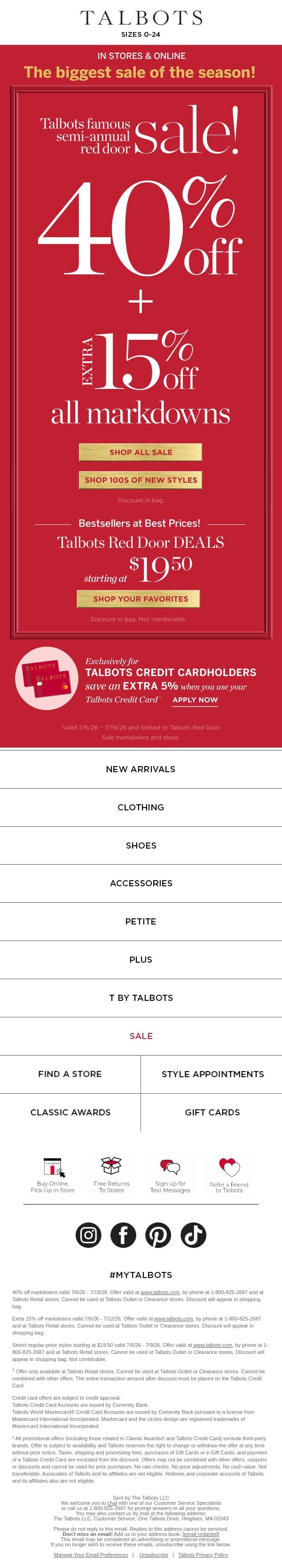 ❗ 40% + EXTRA 15% off ALL markdowns email from Talbots screenshot