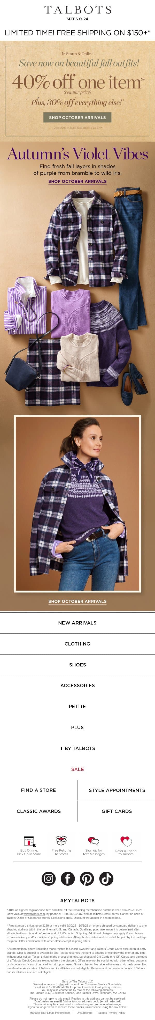 Fresh Autumn Layers + 40% off a FAVORITE* email from Talbots screenshot