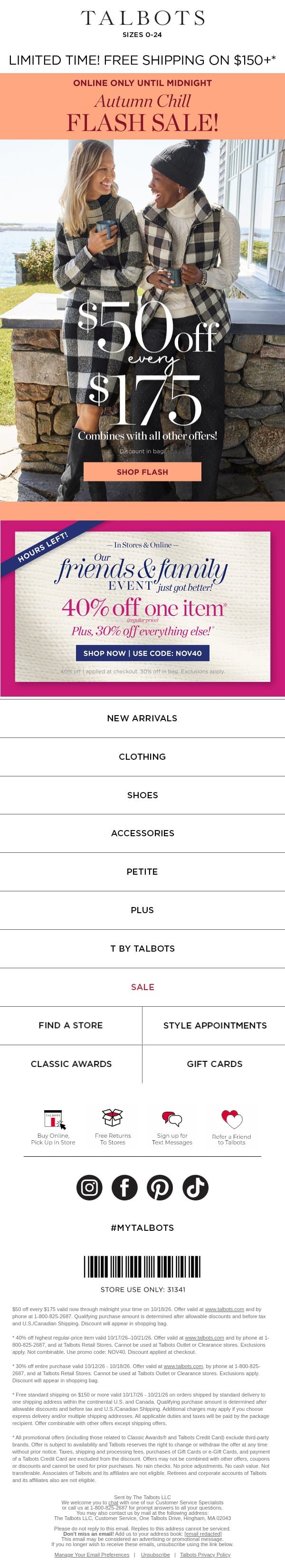⚡FLASH SALE⚡$50 off + 40% off 1 with code NOV40* email from Talbots screenshot