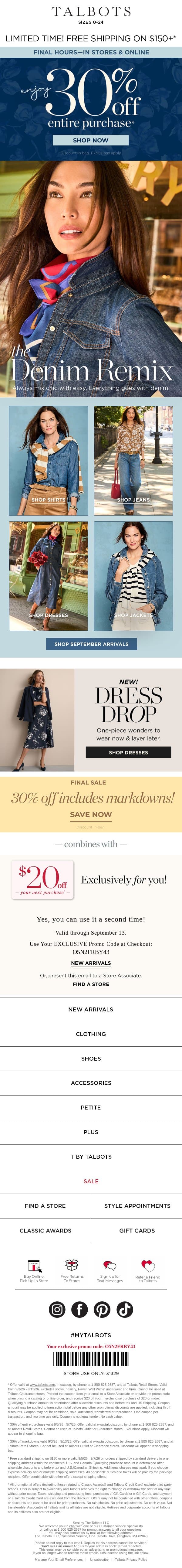 30% off entire purchase + Free Shipping offer⚡ENDS TODAY⚡ email from Talbots screenshot