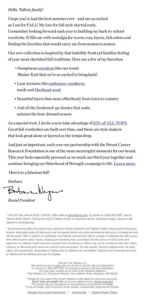 An Autumn Treat from our Brand President email from Talbots screenshot