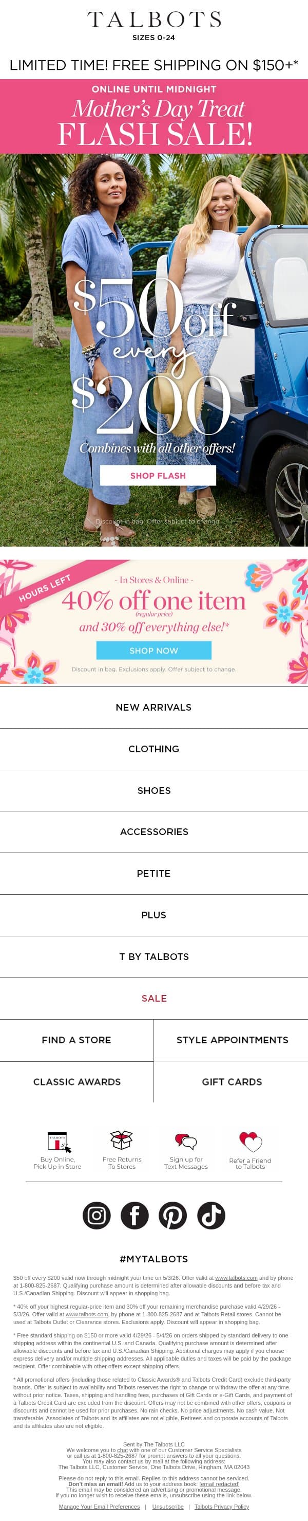 🌹 FLASH SALE 🌹 $50 off + up to 40% off* email from Talbots screenshot