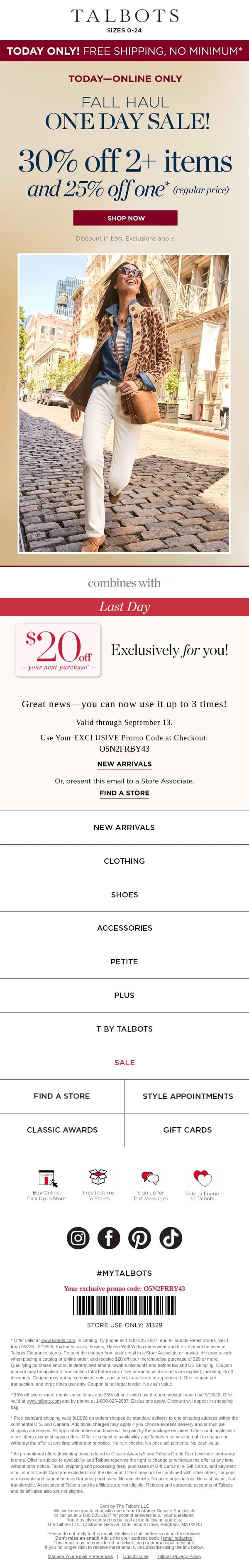 TODAY only! FREE shipping, no minimum email from Talbots screenshot