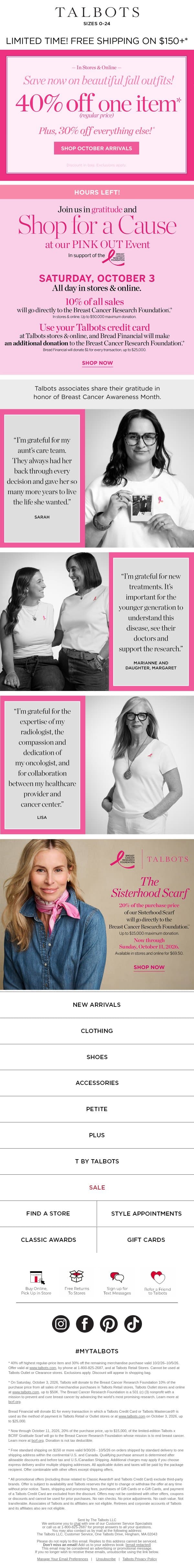 40% off 1 item + Shop for a Cause email from Talbots screenshot