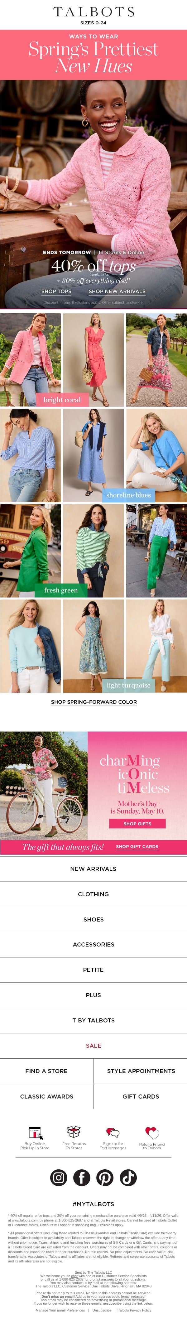 Spring’s Prettiest New Hues + 40% off TOPS email from Talbots screenshot