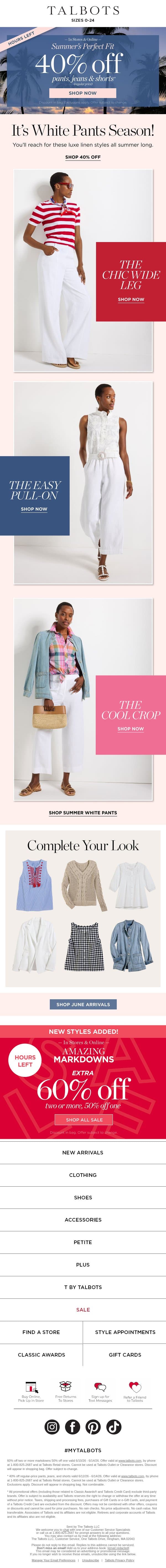 GOODBYE, 40% off PANTS, JEANS & SHORTS! email from Talbots screenshot