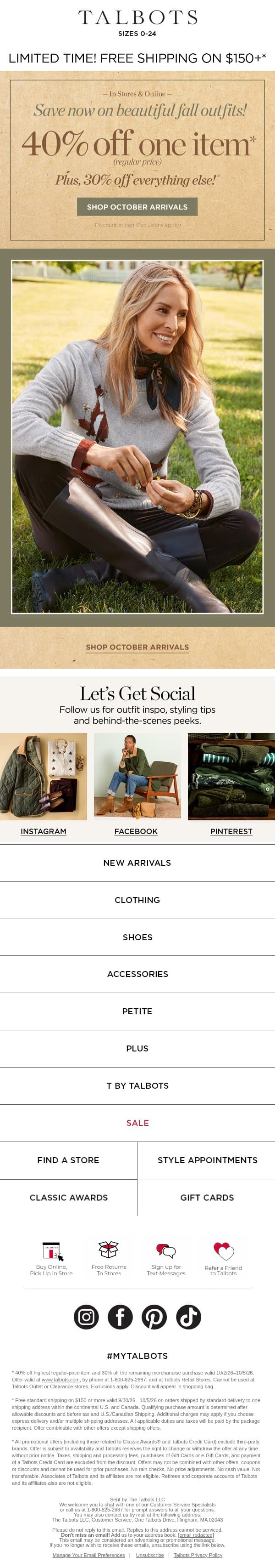 Mix & match FALL OUTFITS! 40% off 1 + 30% off the rest* email from Talbots screenshot