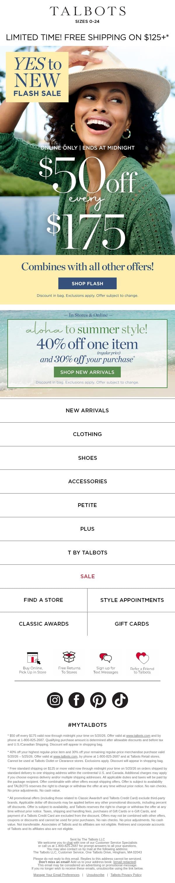 ☀️ YES to NEW! $50 off FLASH SALE ☀️ email from Talbots screenshot