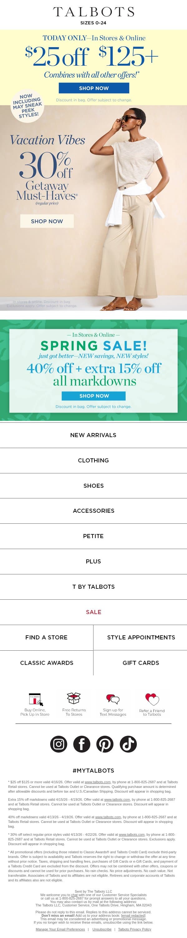 🚨 $25 off $125 or more TODAY ONLY email from Talbots screenshot