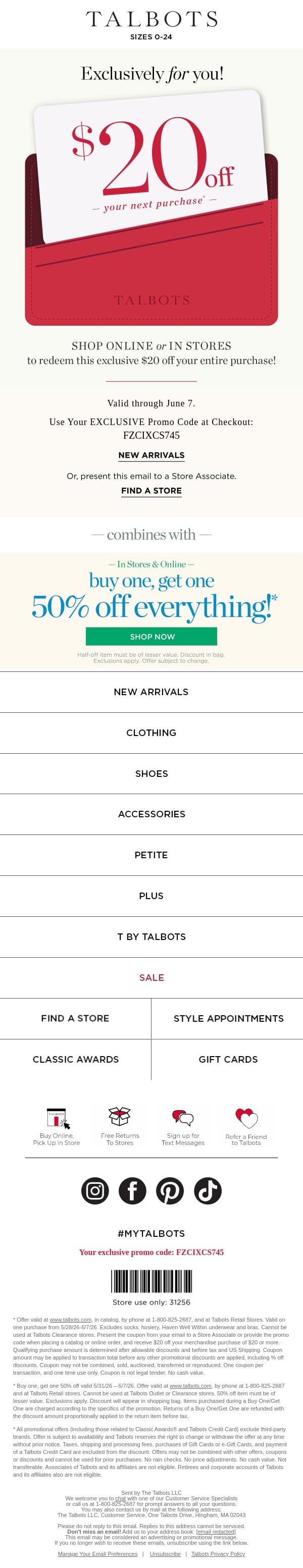 Take $20 off your next purchase* email from Talbots screenshot