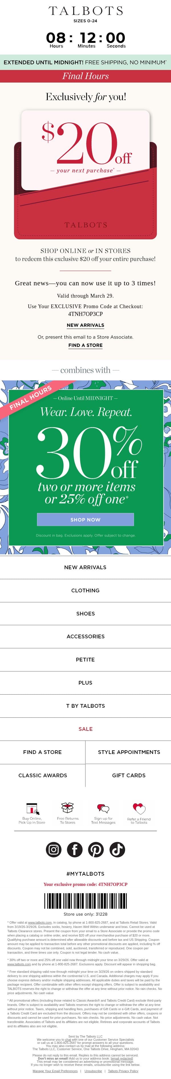 This. Is. IT! 🩷 $20 off, 30% off 2+, FREE SHIP email from Talbots screenshot