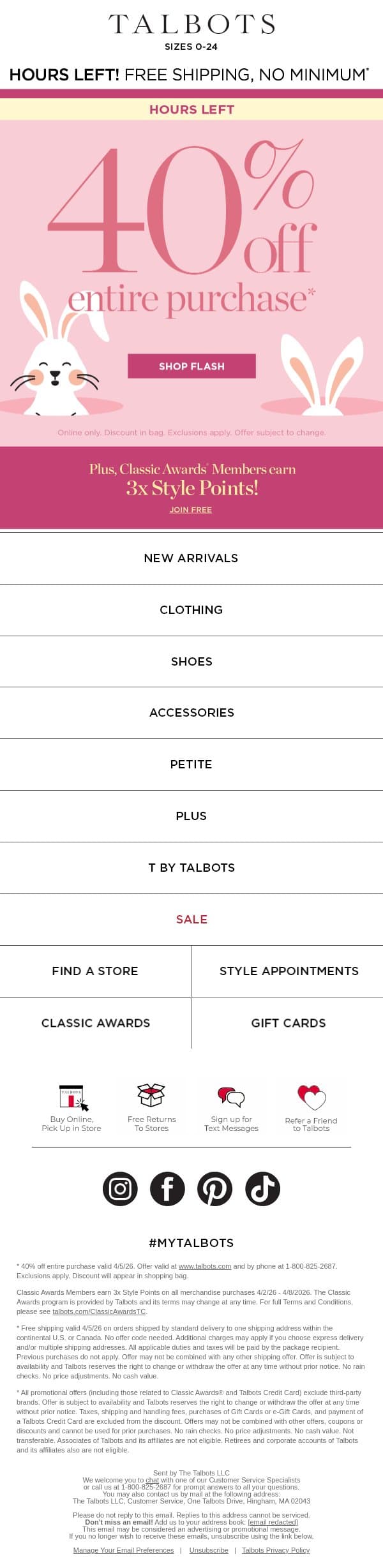 HOURS LEFT—40% off everything Online + FREE shipping* email from Talbots screenshot