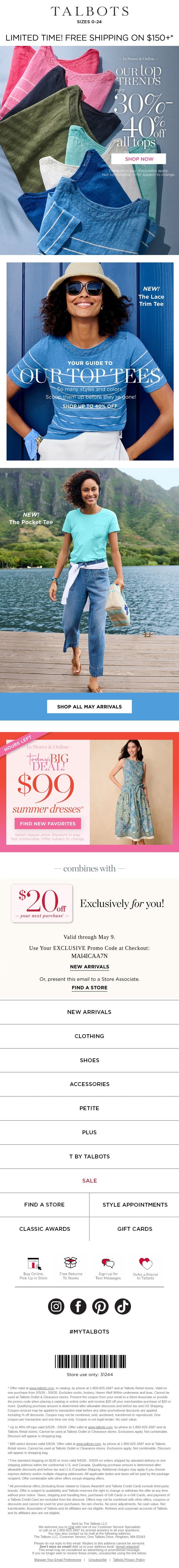 30-40% off TOPS, including the NEW TEES you need NOW email from Talbots screenshot