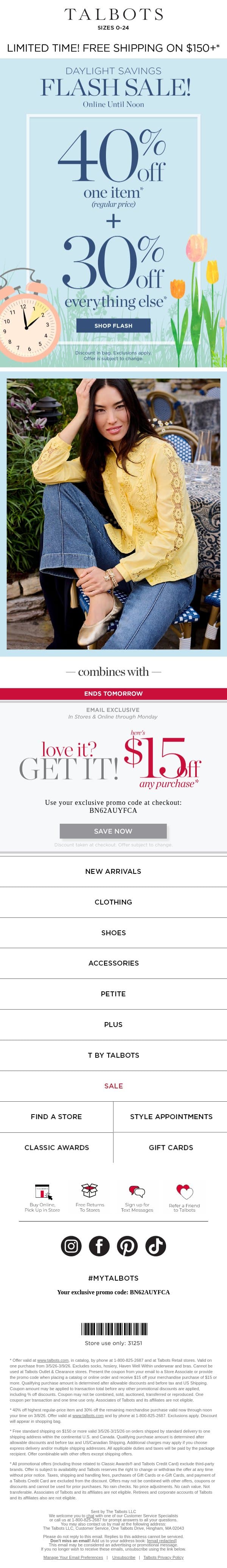 40% off 1 + 30% off the rest ⚡ ENDS NOON ⚡* email from Talbots screenshot