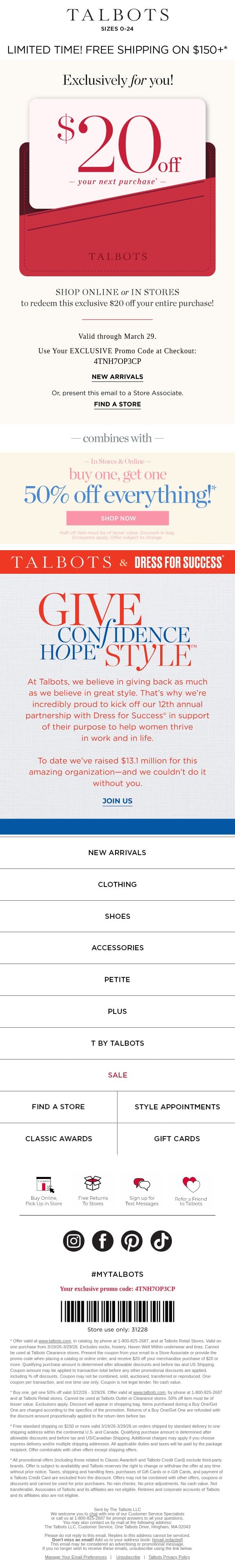 Cash in your $20 off + BOGO 50% off everything!* email from Talbots screenshot