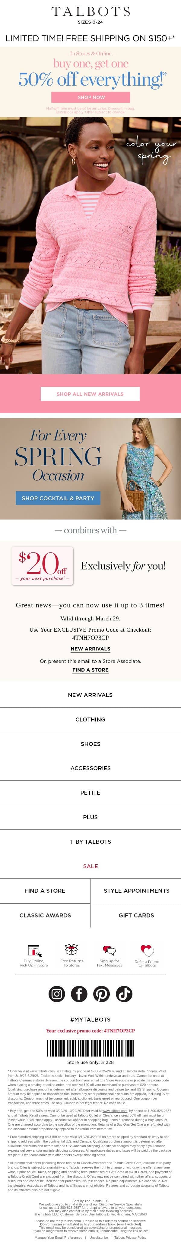 BOGO 50% Off + Ways to Wear COLOR + $20 spending MONEY* email from Talbots screenshot