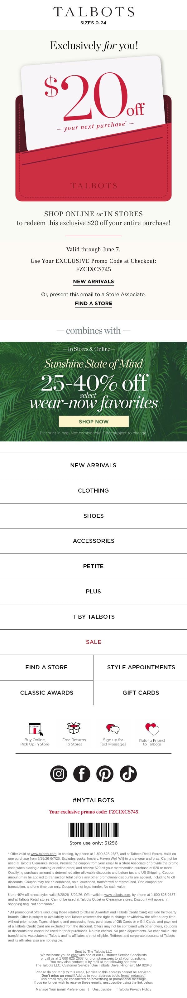 JUST FOR YOU! $20 off—combines with all other deals* email from Talbots screenshot