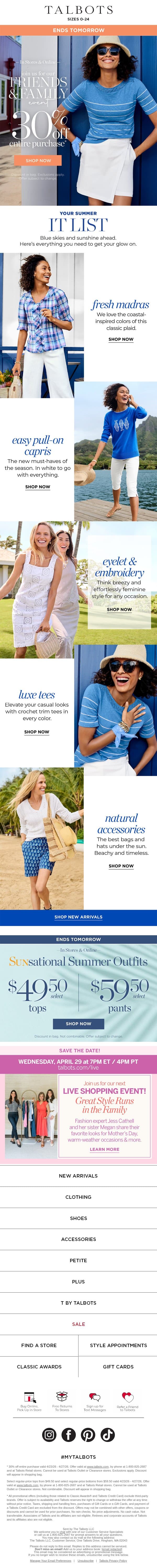 Friends, 30% off your entire purchase ends TOMORROW!* email from Talbots screenshot