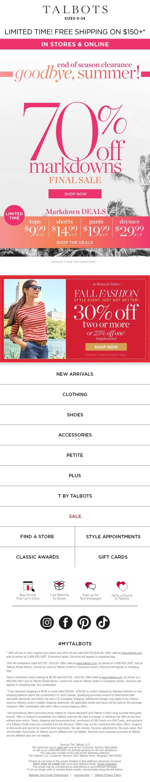 This. Is. IT. Extra 70% off markdowns is ENDING SOON! email from Talbots screenshot