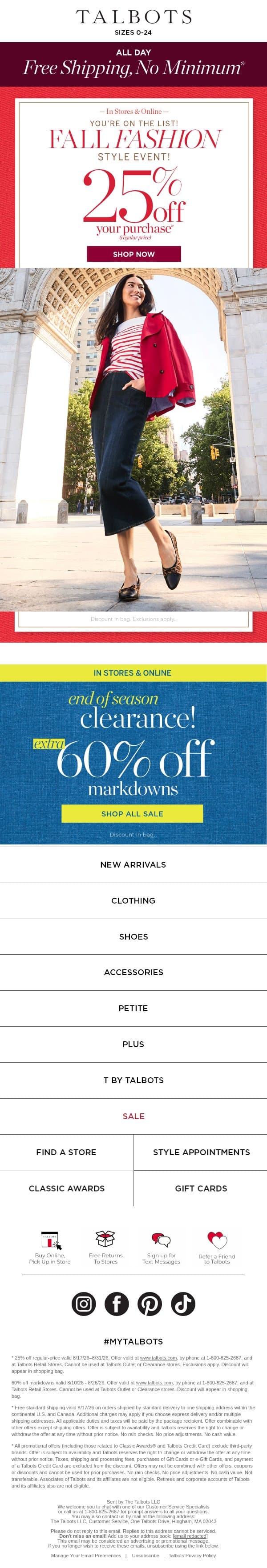 Click quick for FREE shipping + 25% off email from Talbots screenshot