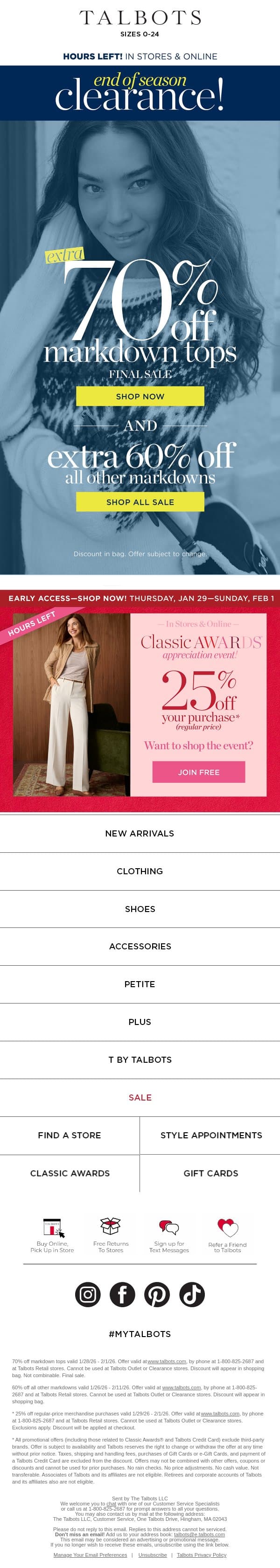 ⏰ HOURS LEFT for an EXTRA 70% off sale TOPS email from Talbots screenshot