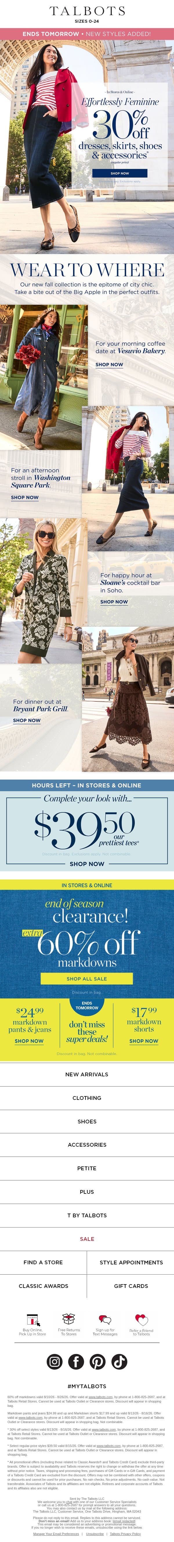 ENDS TOMORROW! 30% off NEW September styles* email from Talbots screenshot