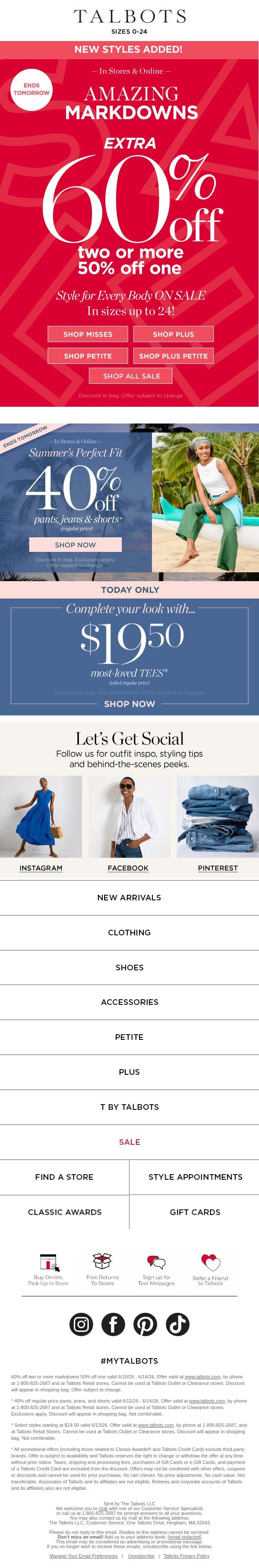 EXTRA 60% off 2+ markdowns ENDS TOMORROW! email from Talbots screenshot