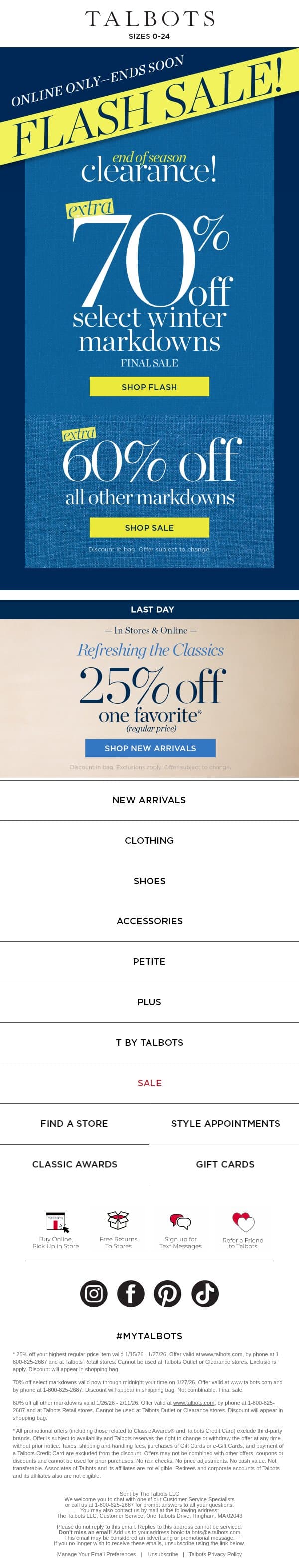 ❗ EXTRA 70% off select winter markdowns FLASH SALE ❗ email from Talbots screenshot