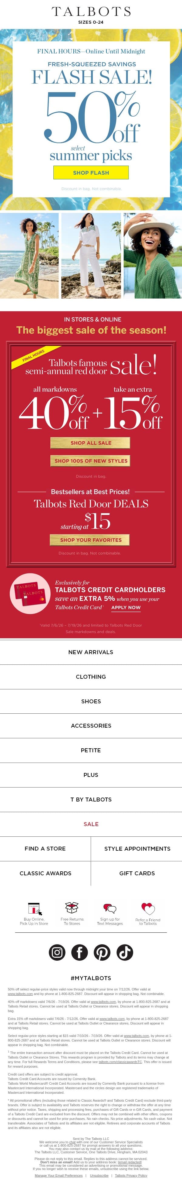 50% off select summer picks 🍋 ENDS MIDNIGHT 🍋 email from Talbots screenshot
