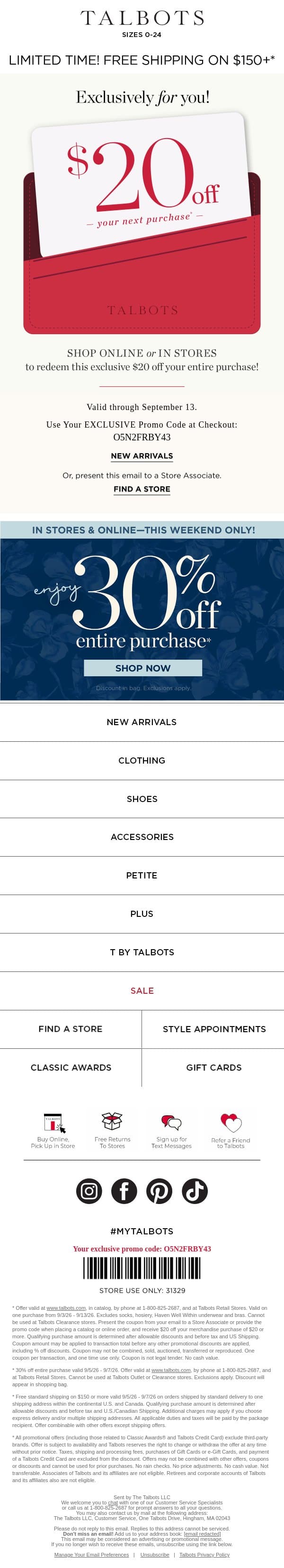 Enjoy 30% off entire purchase!* email from Talbots screenshot