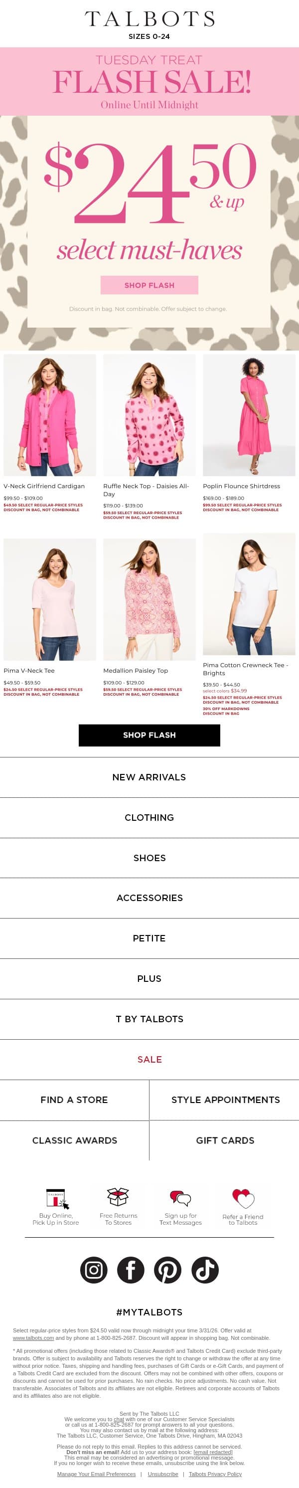 $24.50 & up select must-haves ⚡ ENDS MIDNIGHT ⚡ email from Talbots screenshot