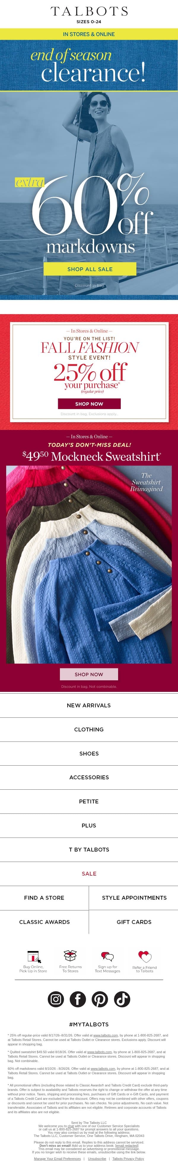 Are your favorites an EXTRA 60% off? email from Talbots screenshot