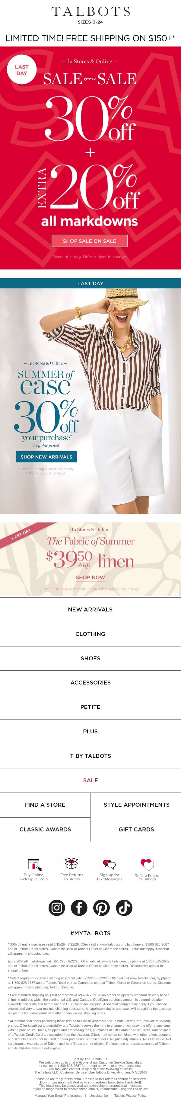 Your favorite SALE ON SALE ends today! email from Talbots screenshot