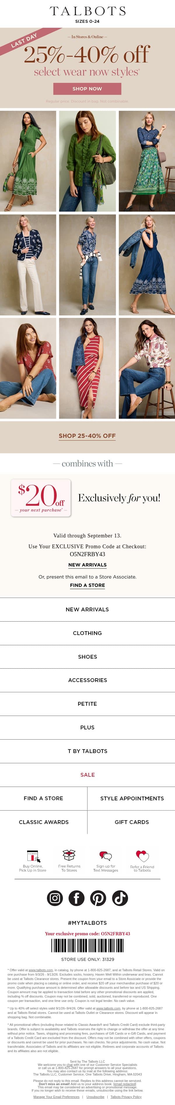 LAST DAY! 25-40% off select wear-now styles email from Talbots screenshot