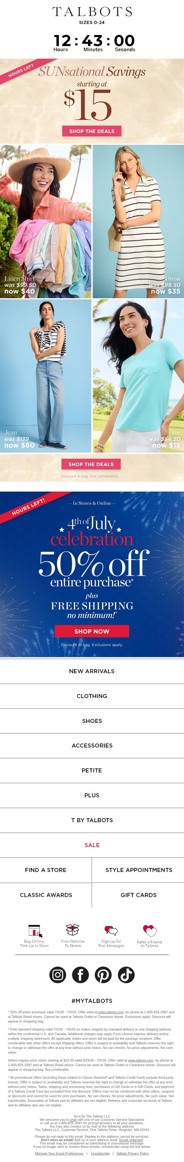 ⏳ Time’s running out for $15 and up summer essentials! email from Talbots screenshot